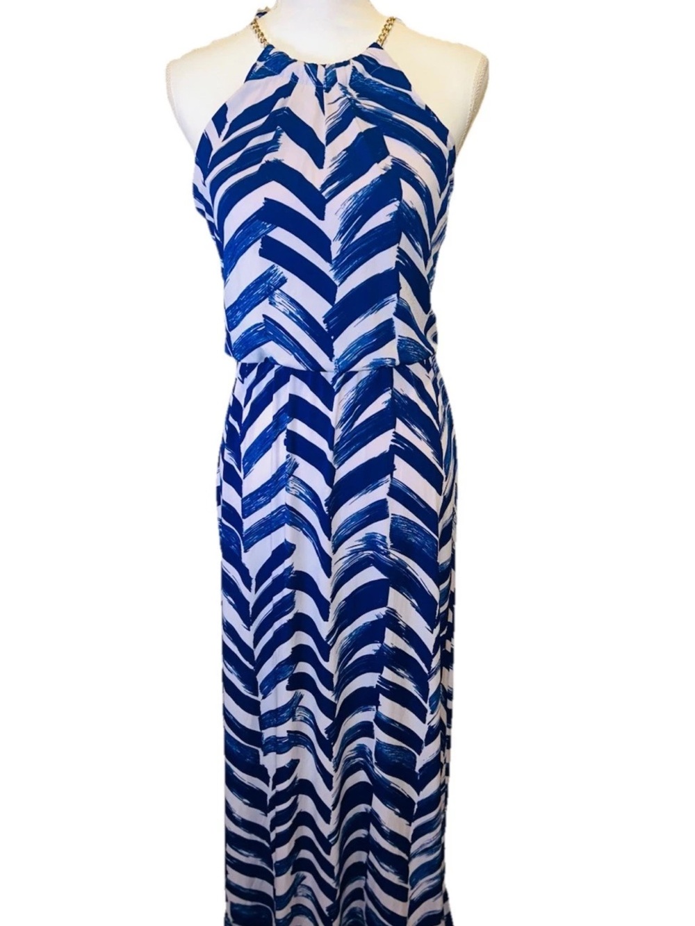 Bisou Bisou Chevron Maxi Dress Size 2 Blue White Gold Chain Halter Neck Knit